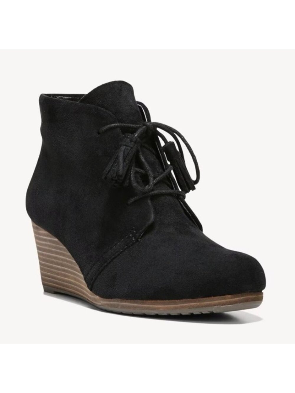 Faux Suede Lace Up Wedge Heel Ankle Booties Dr. Scholl's Size 8 Black Dakota